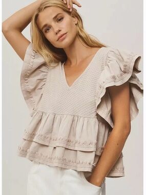 Anthropologie  Beige Ruffle Cropped V-Neck Peplum Top